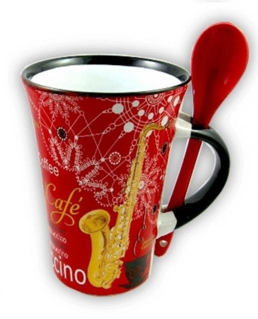 Cappuccino Mug With Spoon Saxophone Red