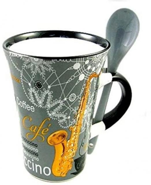 Cappuccino Mug With Spoon Saxophone Grey